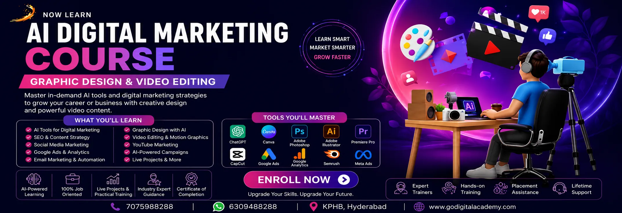 AI Digital Marketing Course covering graphic design, video editing, and in-demand tools